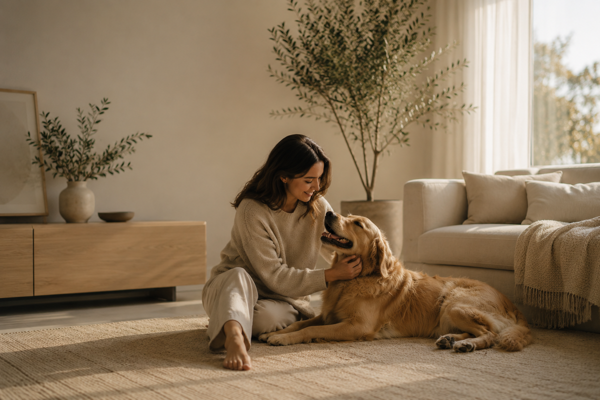 Woman spending time with her golden retriever at home