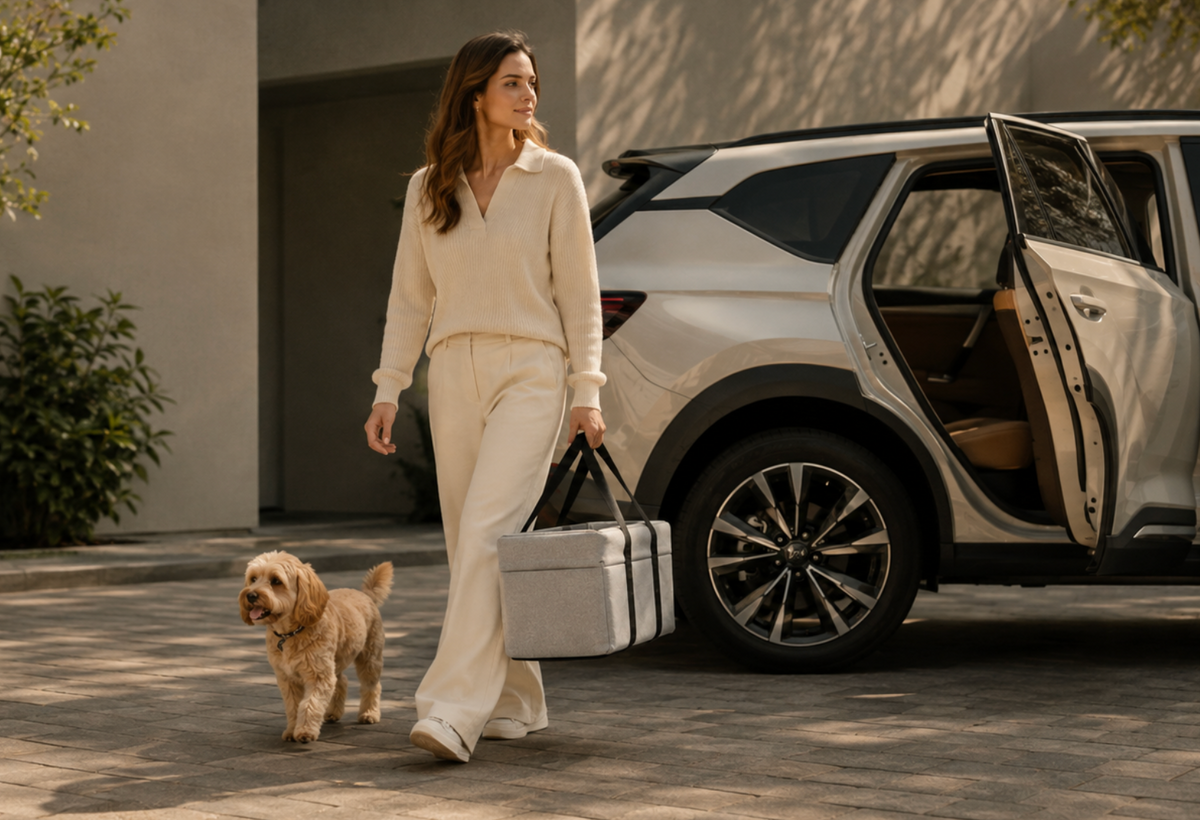 Woman enjoying an outdoor moment with her dog beside a car