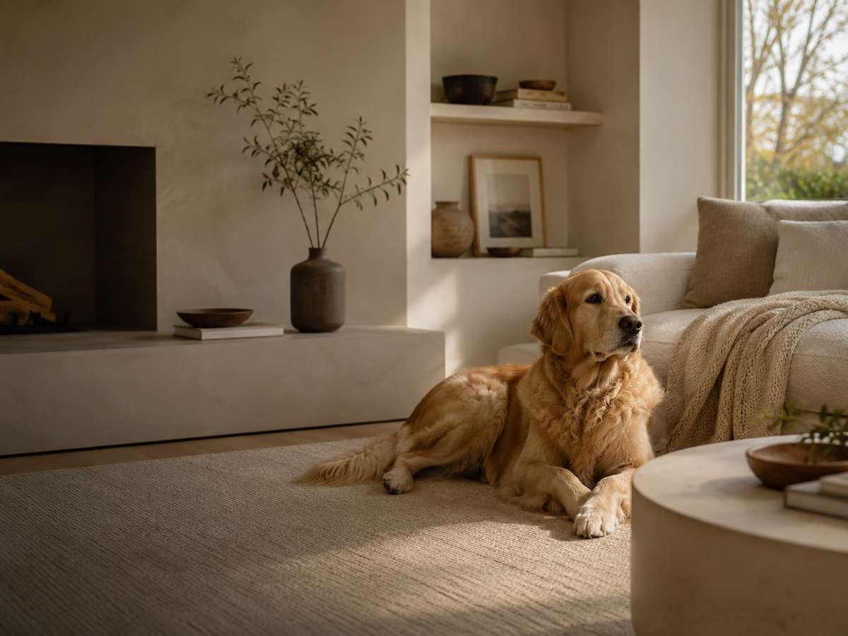 Golden retriever resting beside a sofa in a warm, sunlit living room