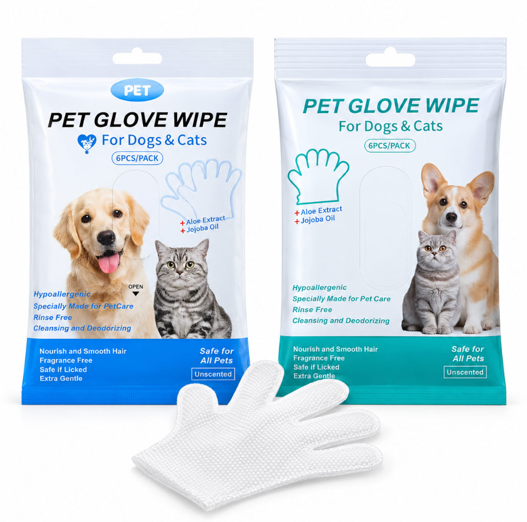 Blue and green packs of pet cleaning glove wipes